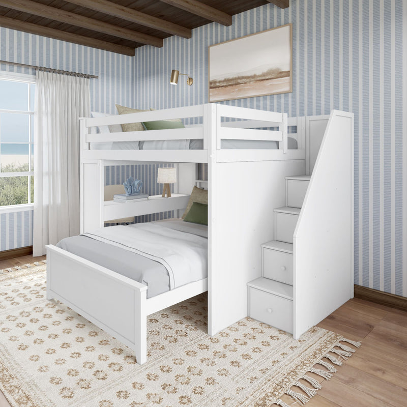 Modern white loft bed with stairs in stylish bedroom featuring blue striped wallpaper and natural light.