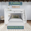 White twin over full bunk bed with storage stairs and 15-inch guardrails in a cozy bedroom setting.
