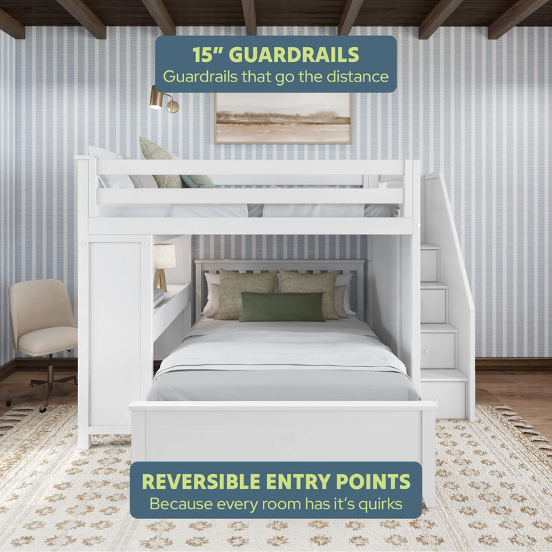 White twin over full bunk bed with storage stairs and 15-inch guardrails in a cozy bedroom setting.