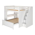 White wooden bunk bed with built-in storage stairs and safety rails for kids' rooms.