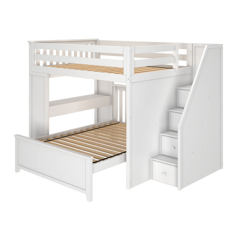 White wooden bunk bed with built-in storage stairs and safety rails for kids' rooms.