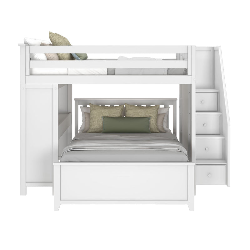 White twin over full bunk bed with built-in storage steps and modern design.