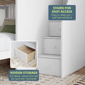 White staircase bunk bed with hidden storage drawers for easy access and organization.