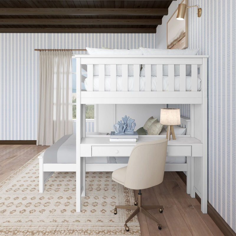 Modern white loft bed with integrated desk, stylish chair, and decorative lamp in a cozy bedroom setting.
