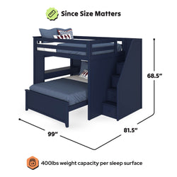 Navy blue twin-over-full bunk bed with built-in storage stairs, 99 in L x 81.5 in W x 68.5 in H, 400 lb weight capacity per sleep surface, modern kids bedroom loft-style frame