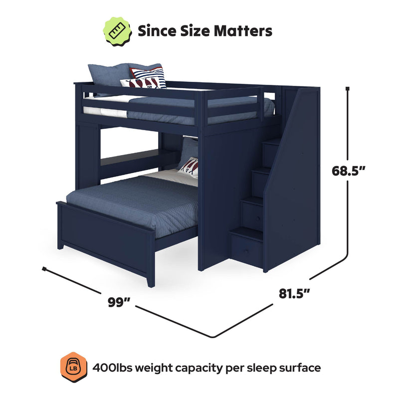 Navy blue twin-over-full bunk bed with built-in storage stairs, 99 in L x 81.5 in W x 68.5 in H, 400 lb weight capacity per sleep surface, modern kids bedroom loft-style frame