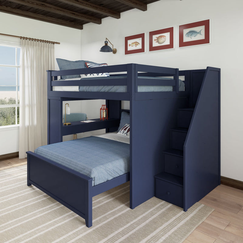 Navy blue bunk bed with stairs and coastal-themed decor in a bright bedroom.