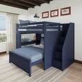 Navy blue bunk bed with stairs and coastal-themed decor in a bright bedroom.