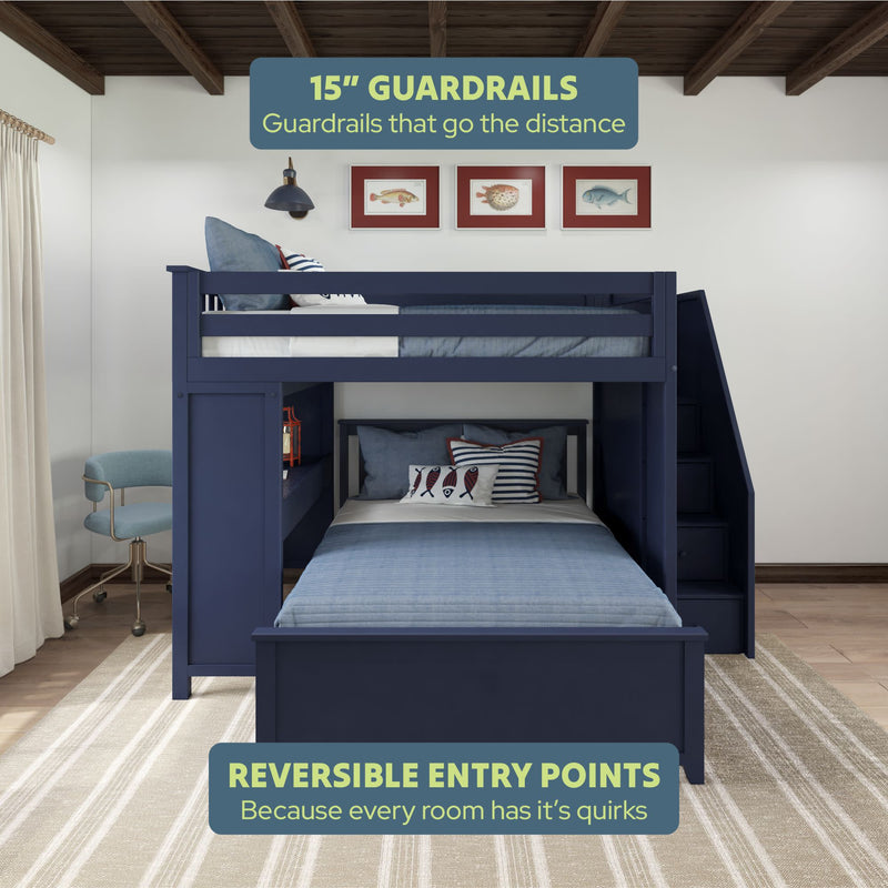 Blue bunk bed with 15-inch guardrails and reversible entry points in a modern bedroom setting, featuring nautical-themed pillows and decor.