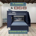Blue bunk bed with 15-inch guardrails and reversible entry points in a modern bedroom setting, featuring nautical-themed pillows and decor.