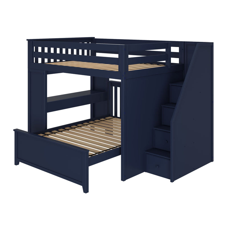 Blue wooden bunk bed with built-in storage stairs for kids' room.