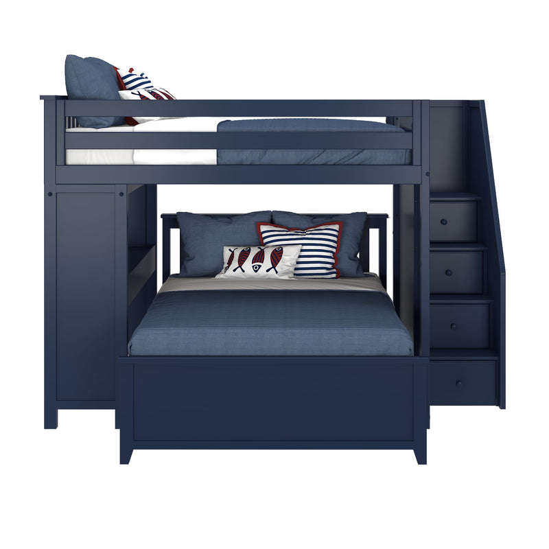 Navy blue twin-over-full bunk bed with staircase storage and nautical-themed bedding.