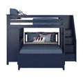 Navy blue twin-over-full bunk bed with staircase storage and nautical-themed bedding.