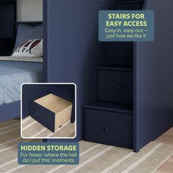Space-saving staircase with hidden storage drawer in modern blue bunk bed