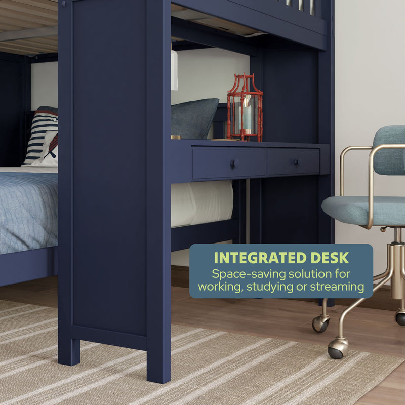 Space-saving integrated desk with a modern blue design beneath a loft bed, ideal for working, studying, or streaming.