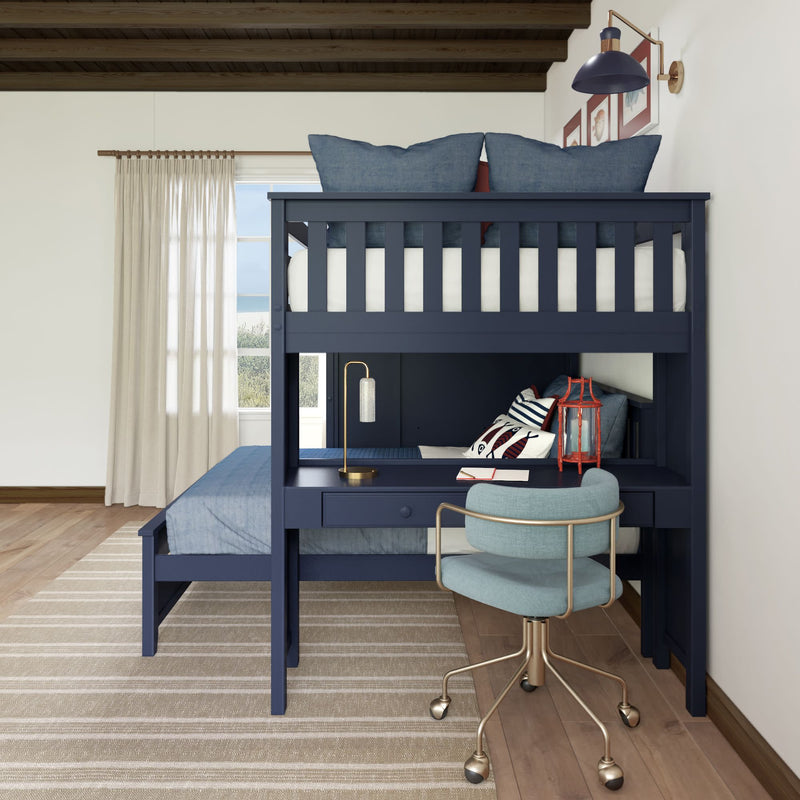 Navy blue bunk bed with desk and chair in modern bedroom.