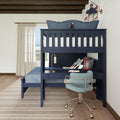 Navy blue bunk bed with desk and chair in modern bedroom.