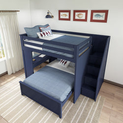 Blue nautical-themed bunk bed with staircase and fish decor in a bright bedroom.