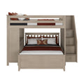 Rustic wooden loft bed with built-in storage stairs and cozy red and white bedding.