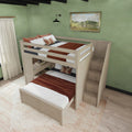 Stylish wooden bunk bed with stairs in a cozy bedroom setting featuring green walls and decorative artwork.