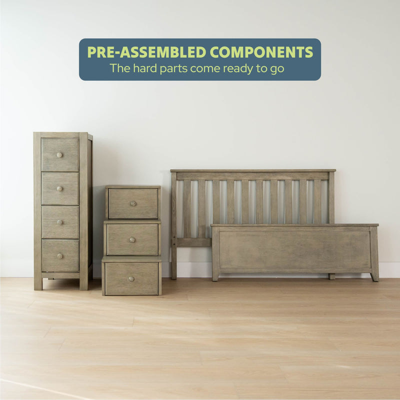 Pre-assembled bedroom furniture set with drawers and bed frame for easy assembly.