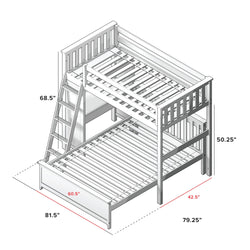 Detailed dimensions of a wooden bunk bed with ladder, showing height, width, and depth measurements.