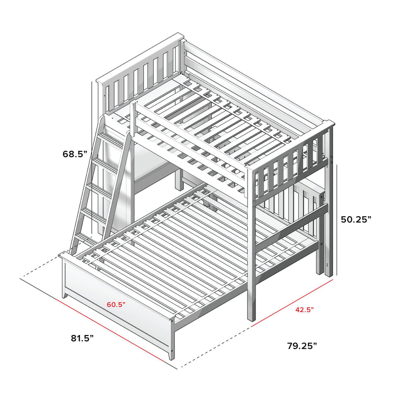 Detailed dimensions of a wooden bunk bed with ladder, showing height, width, and depth measurements.