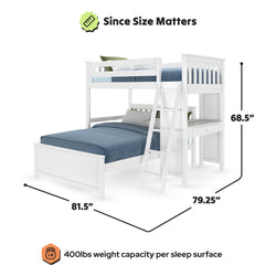 White twin-over-full loft bunk bed with built-in desk and angled ladder, space-saving kids bedroom furniture, 81.5" x 79.25" x 68.5", 400 lb weight capacity per sleep surface