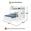 White twin-over-full loft bunk bed with built-in desk and angled ladder, space-saving kids bedroom furniture, 81.5" x 79.25" x 68.5", 400 lb weight capacity per sleep surface