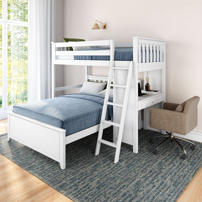 White wooden loft bed with ladder, blue bedding, built-in desk, and office chair in bright bedroom.