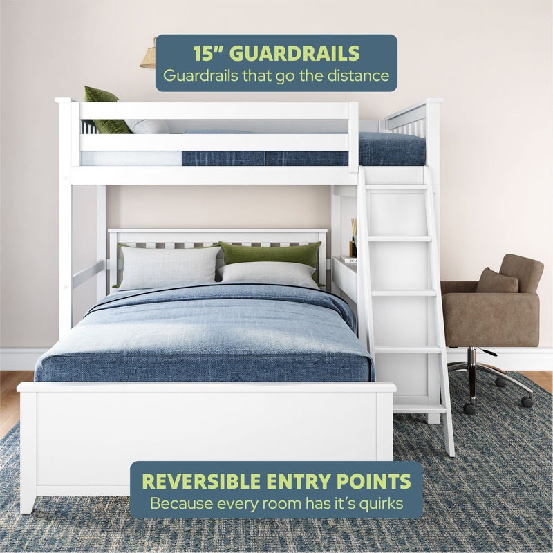 White bunk bed with 15-inch guardrails and reversible entry points, perfect for maximizing bedroom space and safety.