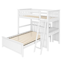 White L-shaped bunk bed with ladder and integrated desk for kids' bedroom.
