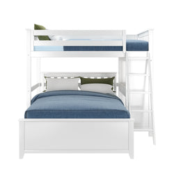 White wooden loft bed with blue bedding and green pillows, featuring an attached ladder.