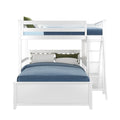 White wooden loft bed with blue bedding and green pillows, featuring an attached ladder.