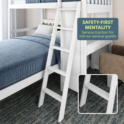 White bunk bed ladder with safety features and non-slip steps in a modern bedroom setting.