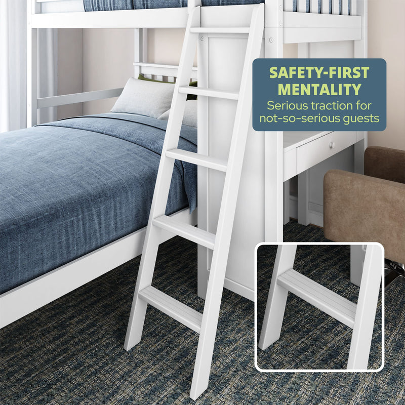 White bunk bed ladder with safety features and non-slip steps in a modern bedroom setting.