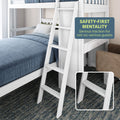 White bunk bed ladder with safety features and non-slip steps in a modern bedroom setting.
