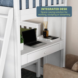 Space-saving integrated desk beneath white loft bed with laptop, books, and decor items for working and studying.
