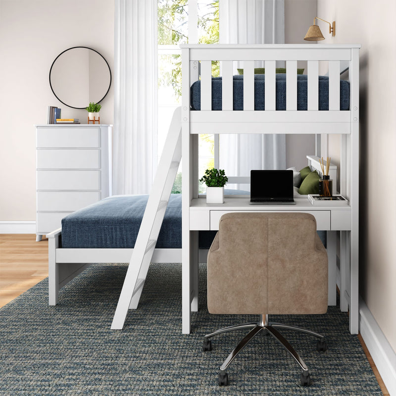 Modern white loft bed with workstation, featuring a comfortable chair, sleek desk, and cozy blue bedding in a bright bedroom.