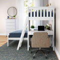 Modern white loft bed with workstation, featuring a comfortable chair, sleek desk, and cozy blue bedding in a bright bedroom.