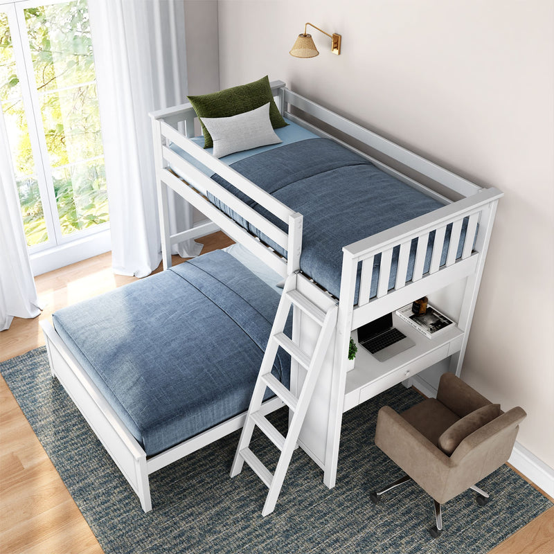 White bunk bed with integrated desk and storage, featuring blue bedding in a modern bedroom with window light.