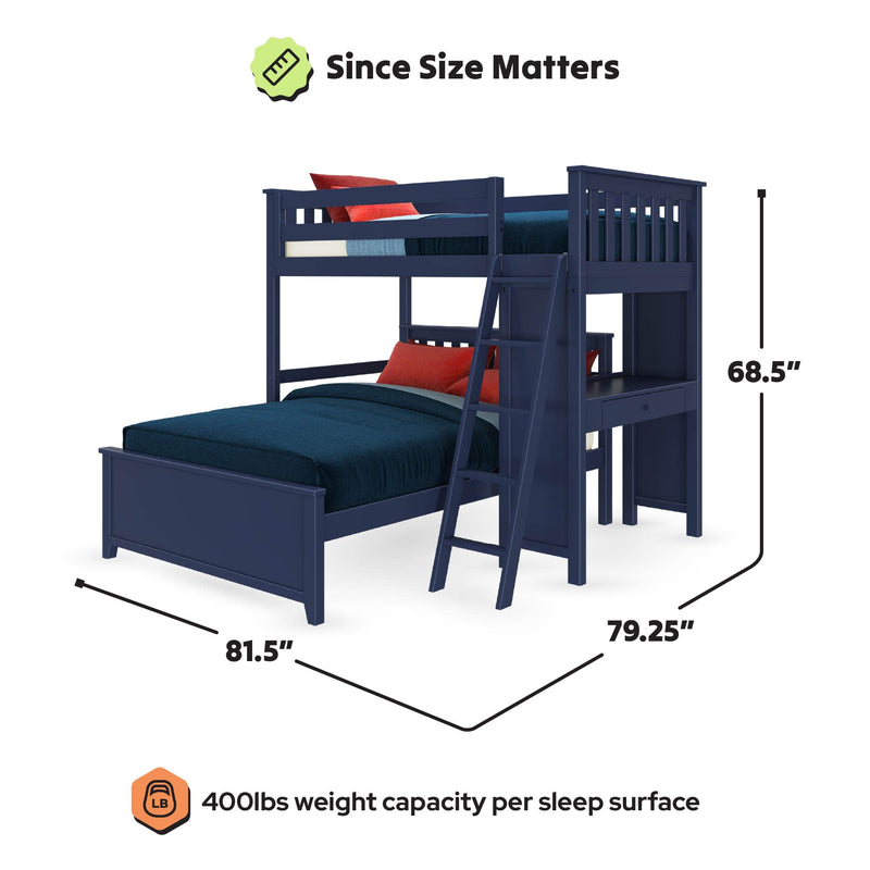 Navy blue twin-over-full loft bunk bed with ladder and integrated desk, lower full bed, solid wood frame, dimensions 81.5 in L × 79.25 in D × 68.5 in H, 400 lb weight capacity per sleep surface