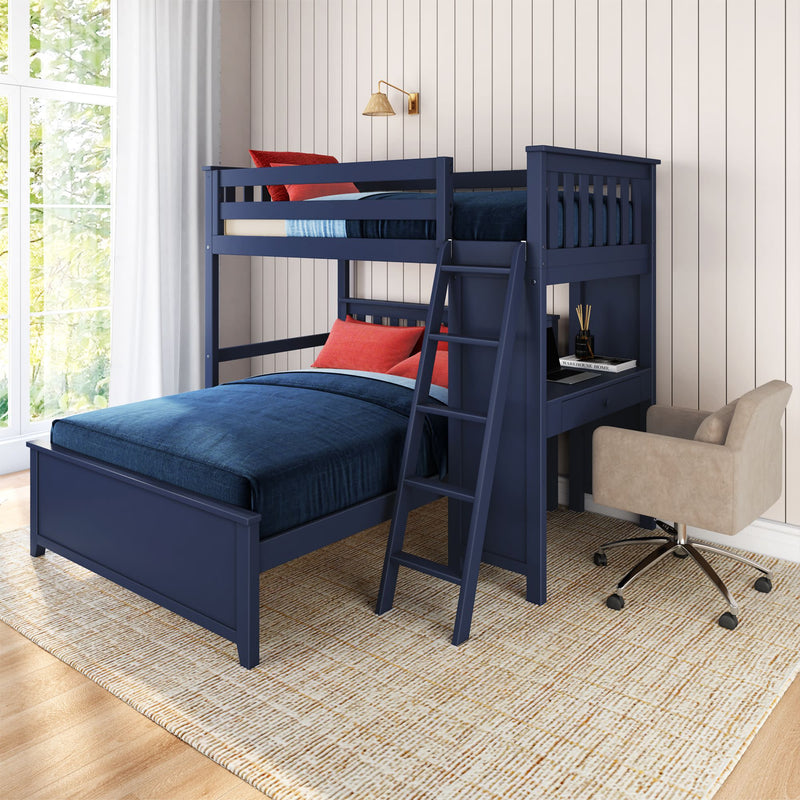 Stylish navy blue bunk bed with integrated desk and chair in modern bedroom setup.