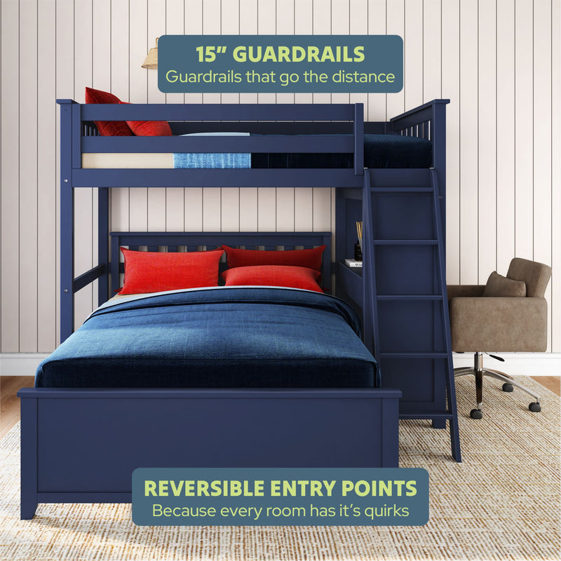 Blue bunk bed with 15-inch guardrails and reversible entry points, featuring a desk and chair in a modern bedroom.
