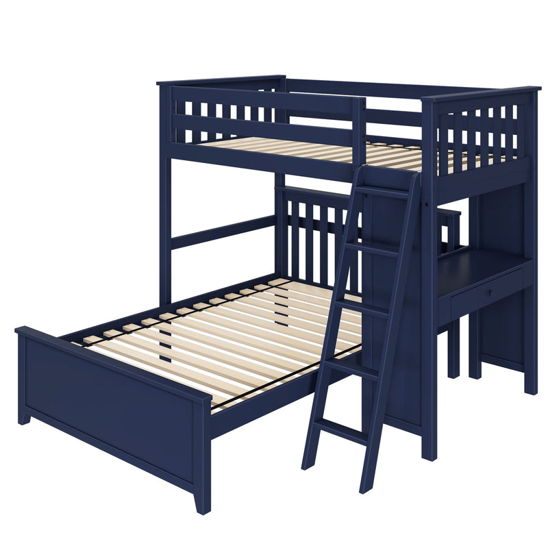 Blue wooden bunk bed with attached ladder and storage, ideal for kids' bedroom furniture.