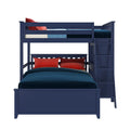 Bunk bed with blue frame and red accents, featuring a ladder for easy access to the top bunk.