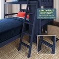 Navy blue bunk bed with sturdy ladder, safety-first design with traction, ideal for children's bedroom furniture.