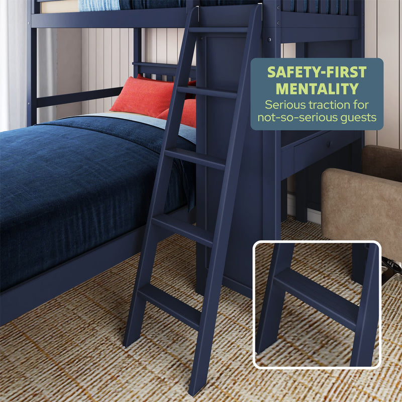 Navy blue bunk bed with sturdy ladder, safety-first design with traction, ideal for children's bedroom furniture.