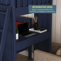 Space-saving navy blue bunk bed with integrated desk featuring a laptop and books for efficient small room design.