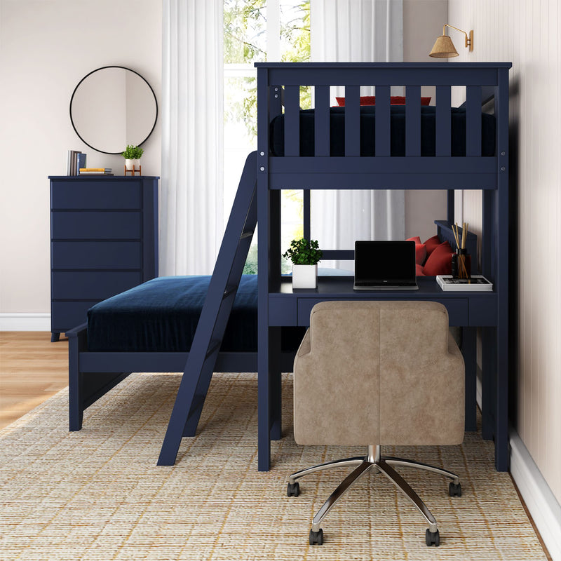 Navy blue loft bed with attached desk and chair in a modern bedroom setting.